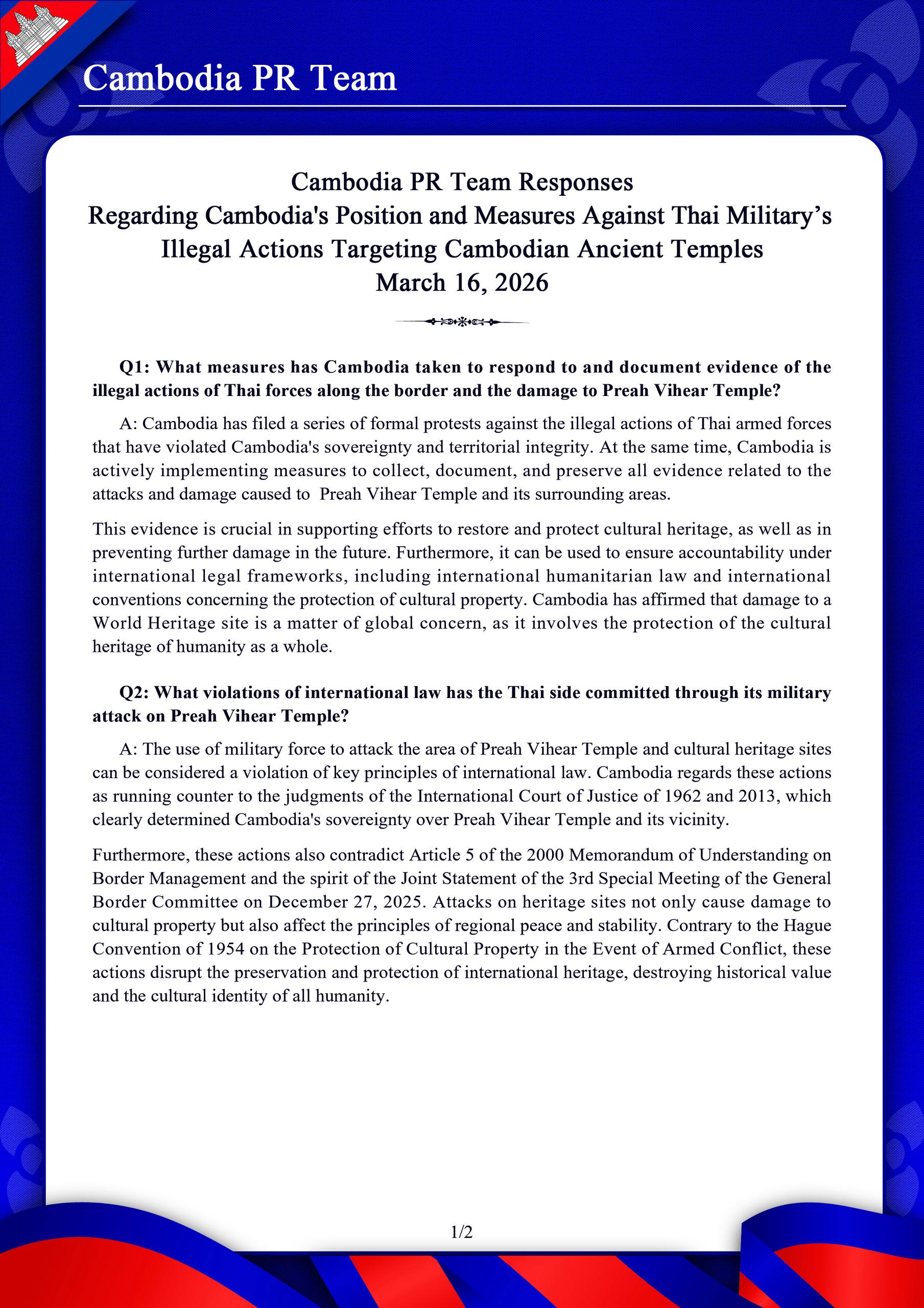Cambodia PR Team Responses  Regarding Cambodia’s Position and Measures Against Thai Military’s Illegal Actions Targeting Cambodian Ancient Temples March 16, 2026