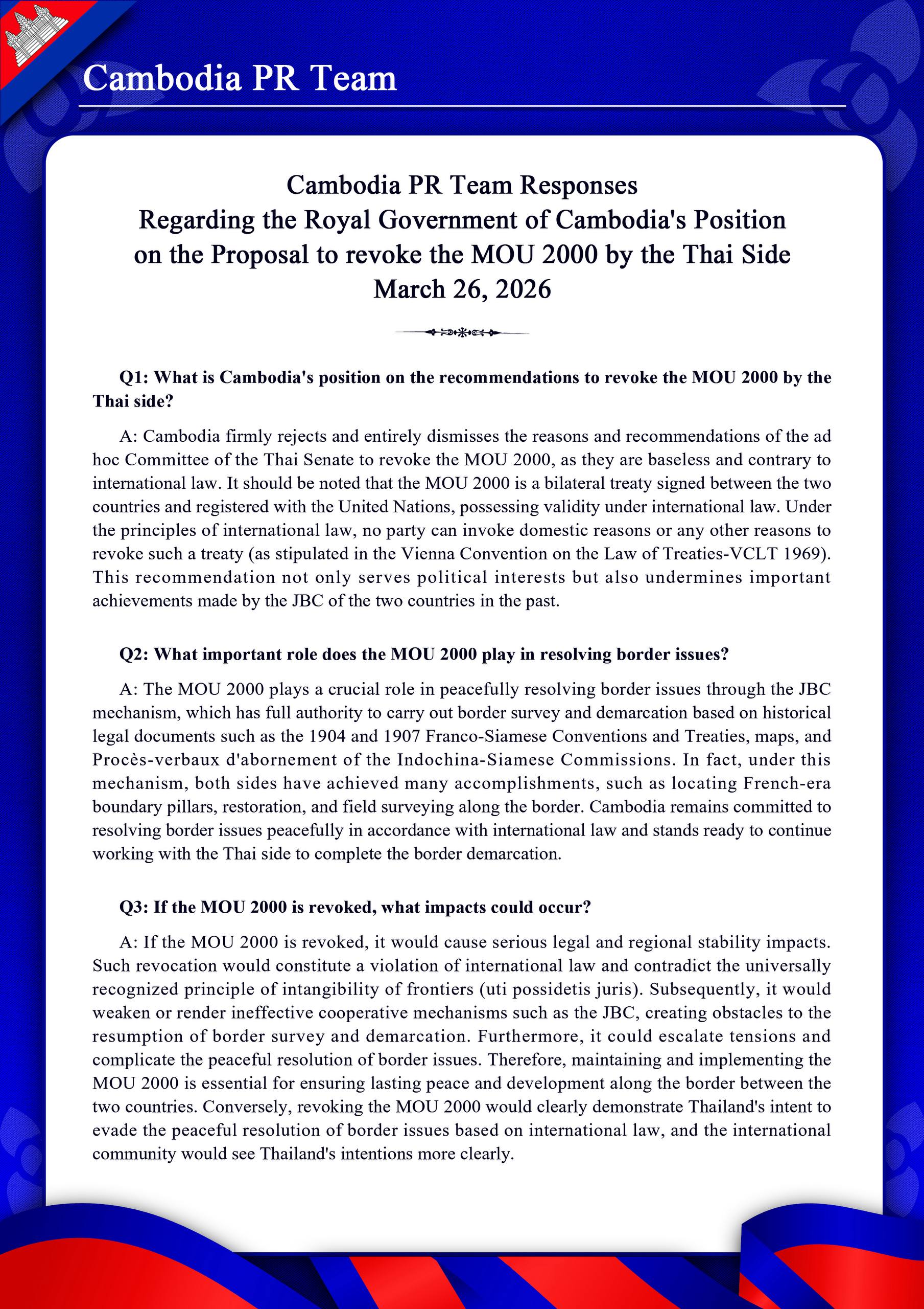 Regarding the Royal Government of Cambodia’s Position on the Proposal to revoke the MOU 2000 by the Thai Side March 26, 2026