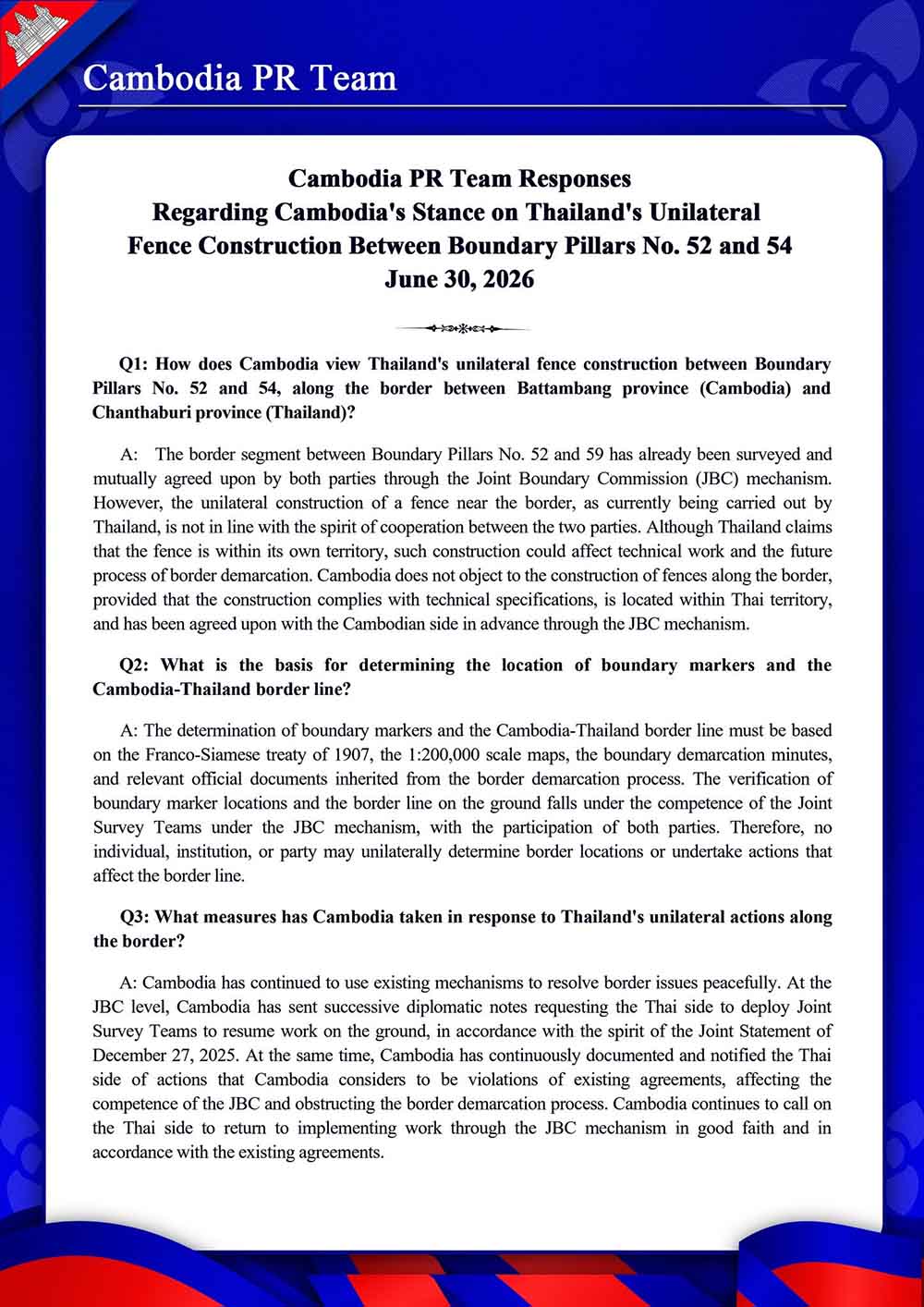 Regarding Cambodia’s Stance on Thailand’s Unilateral Fence Construction Between Boundary Pillars No. 52 and 54 June 30, 2026