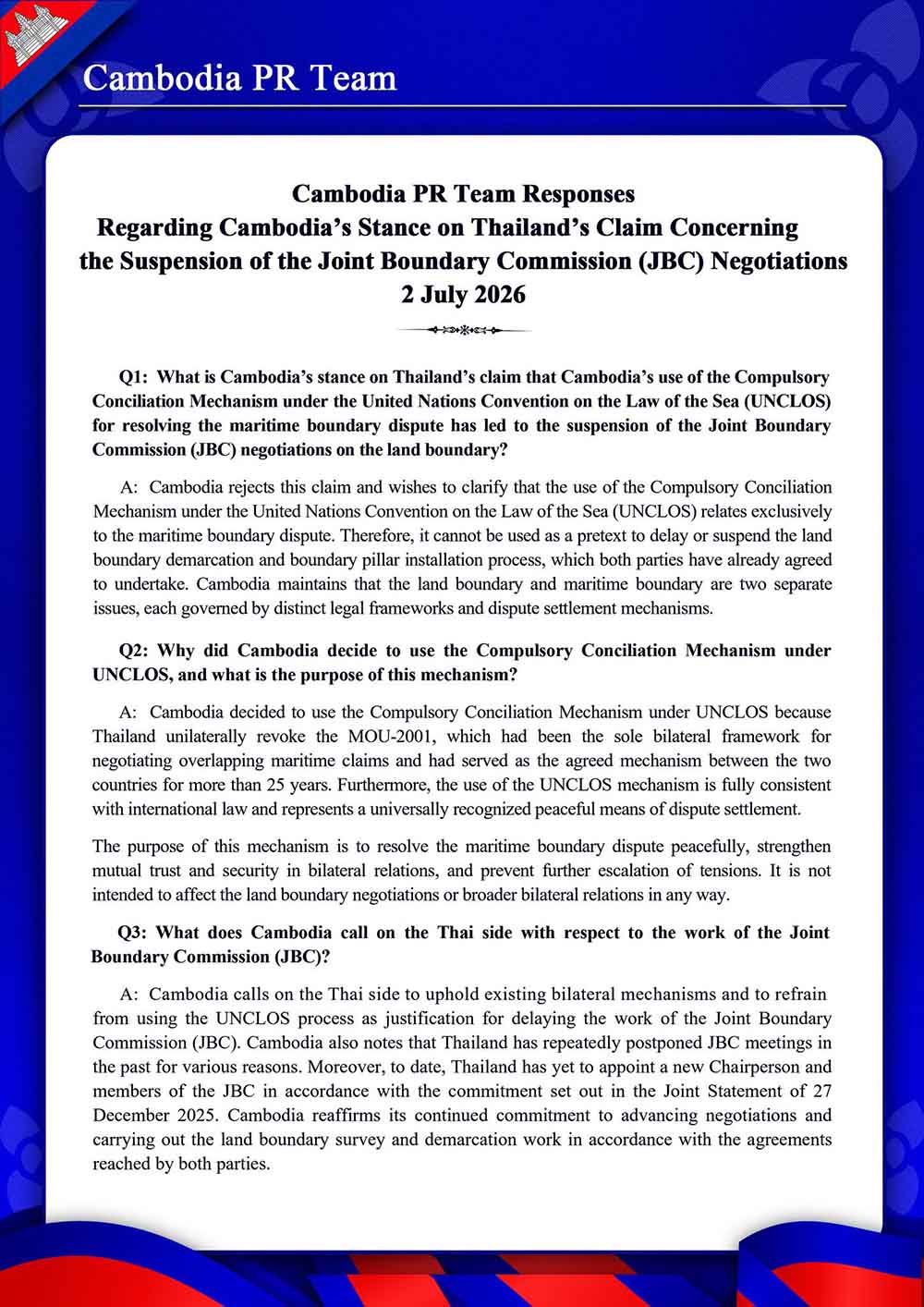 Regarding Cambodia’s Stance on Thailand’s Claim Concerning the Suspension of the Joint Boundary Commission (JBC) Negotiations 2 July 2026