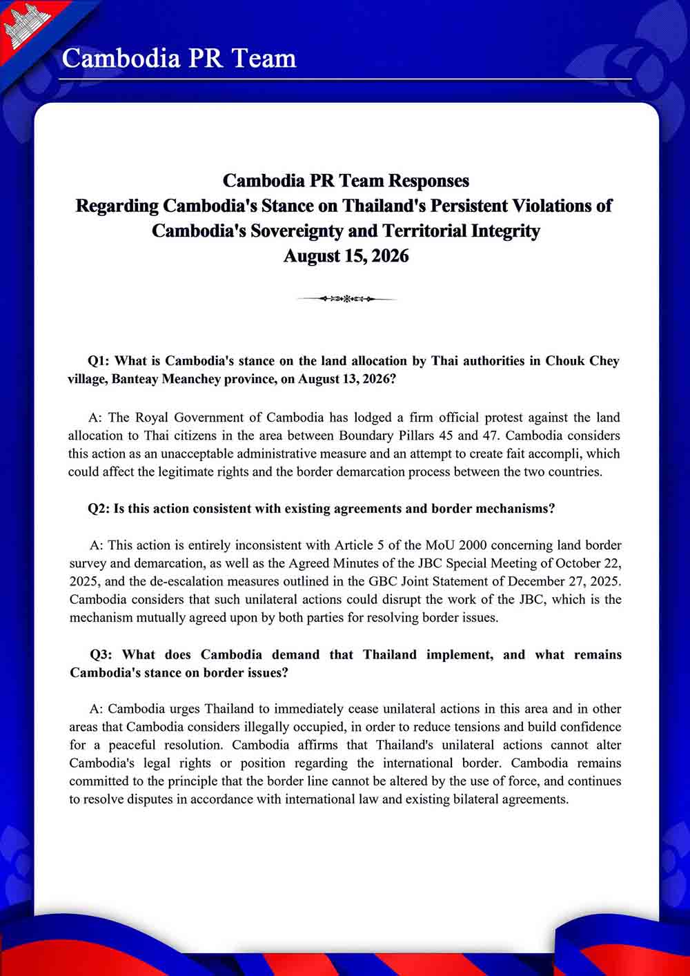Regarding Cambodia’s Stance on Thailand’s Persistent Violations of Cambodia’s Sovereignty and Territorial Integrity August 15, 2026