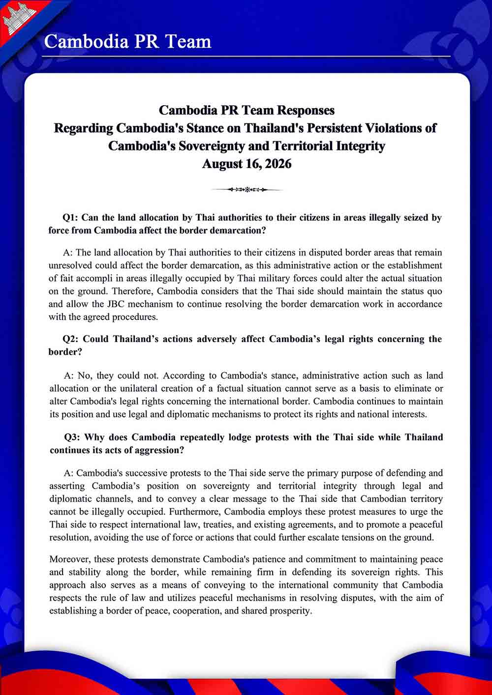 Regarding Cambodia’s Stance on Thailand’s Persistent Violations of Cambodia’s Sovereignty and Territorial Integrity August 16, 2026