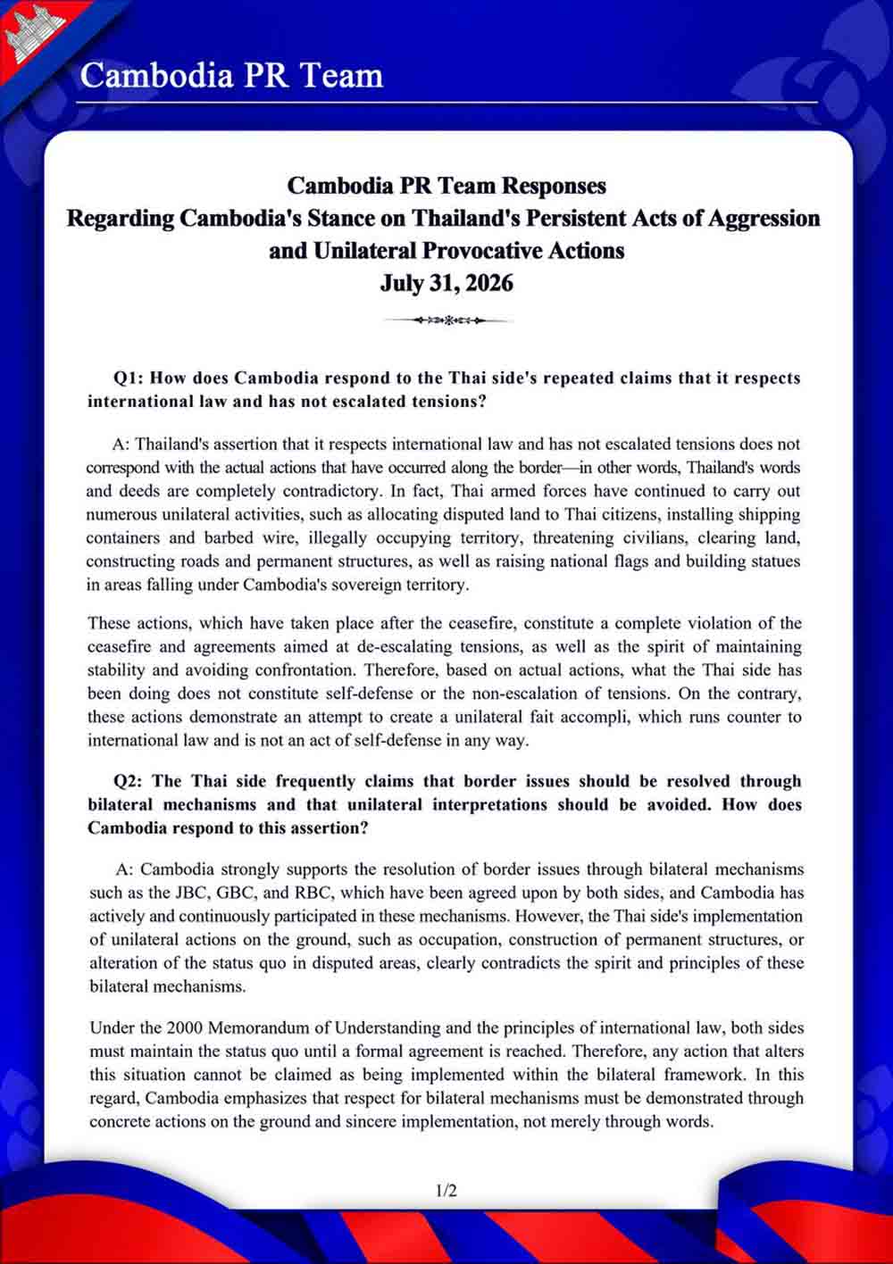Regarding Cambodia’s Stance on Thailand’s Persistent Acts of Aggression and Unilateral Provocative Actions July 31, 2026