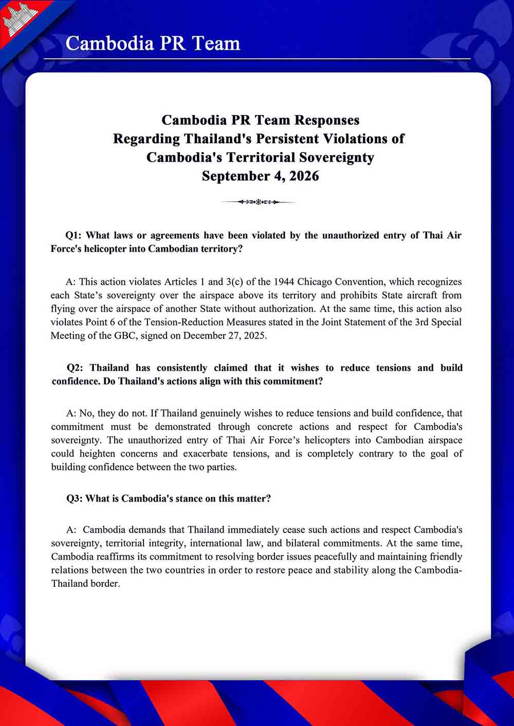 Regarding Thailand’s Persistent Violations of Cambodia’s Territorial Sovereignty September 4, 2026